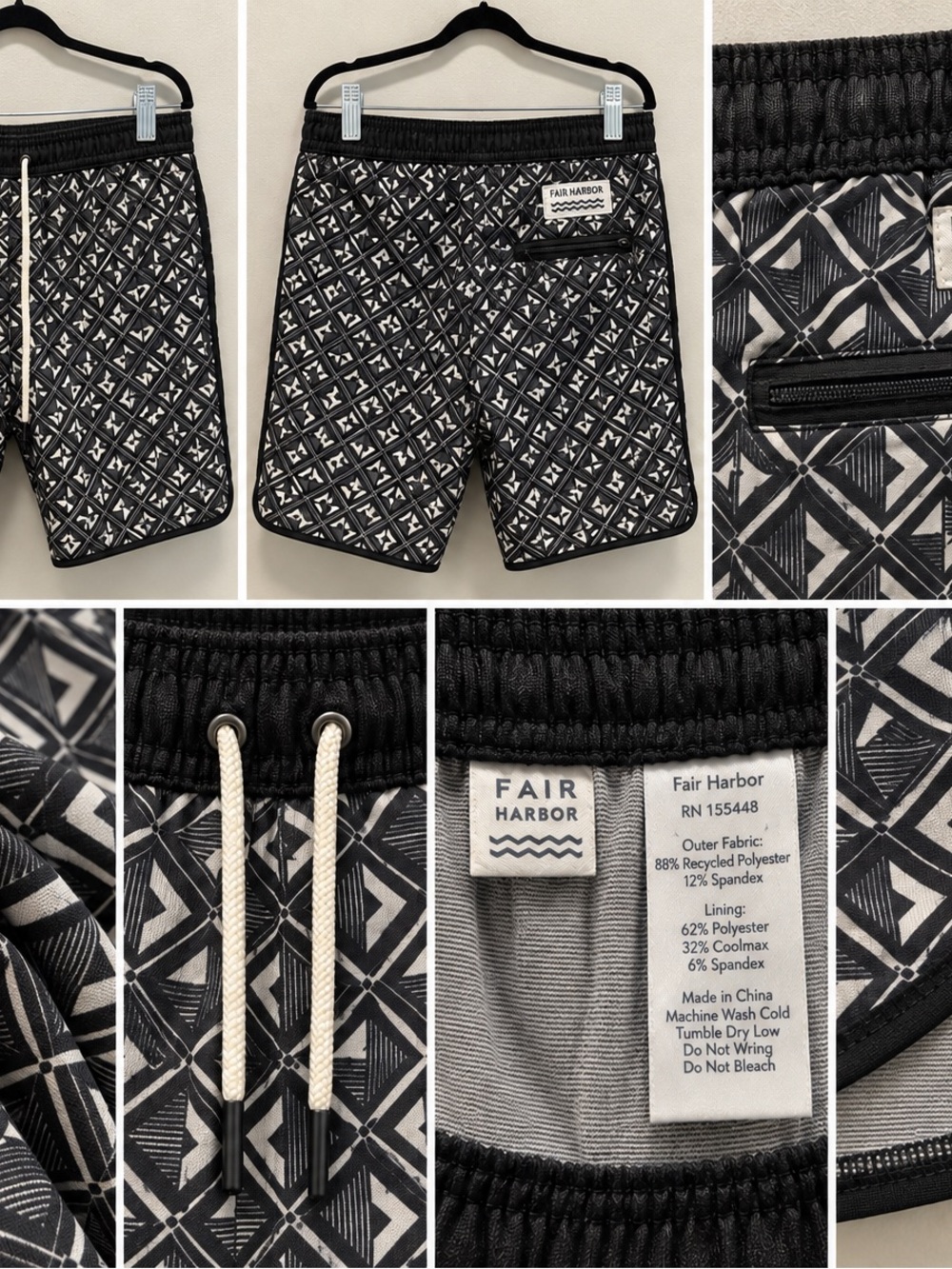 Fair Harbor Black & White Geometric Kids' Swim Shorts
